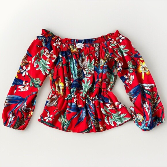 Jacaranda Womens M Off Shoulders Red Multicolored Tropical Floral Peplum Blouse - Picture 1 of 6